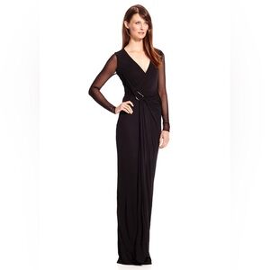 HALSTON HERITAGE Black Sheer Sleeve Ruch Wrap Elegant Gala Evening Maxi Dress